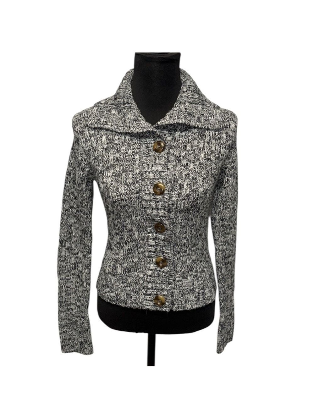 Energe Juniors M Black White Marled Button Front Mock Neck Sweater
